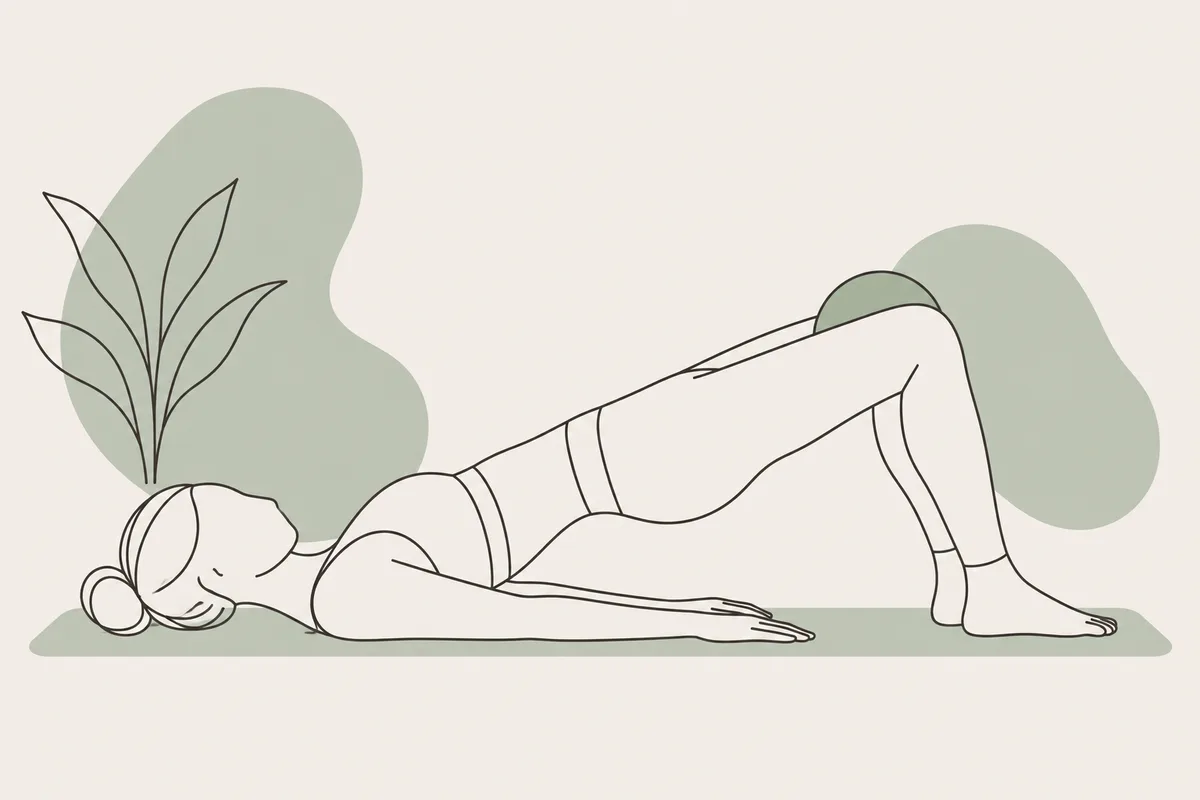 仰向けで膝を立て、膝の間に小さなボールを挟んでブリッジをする線画