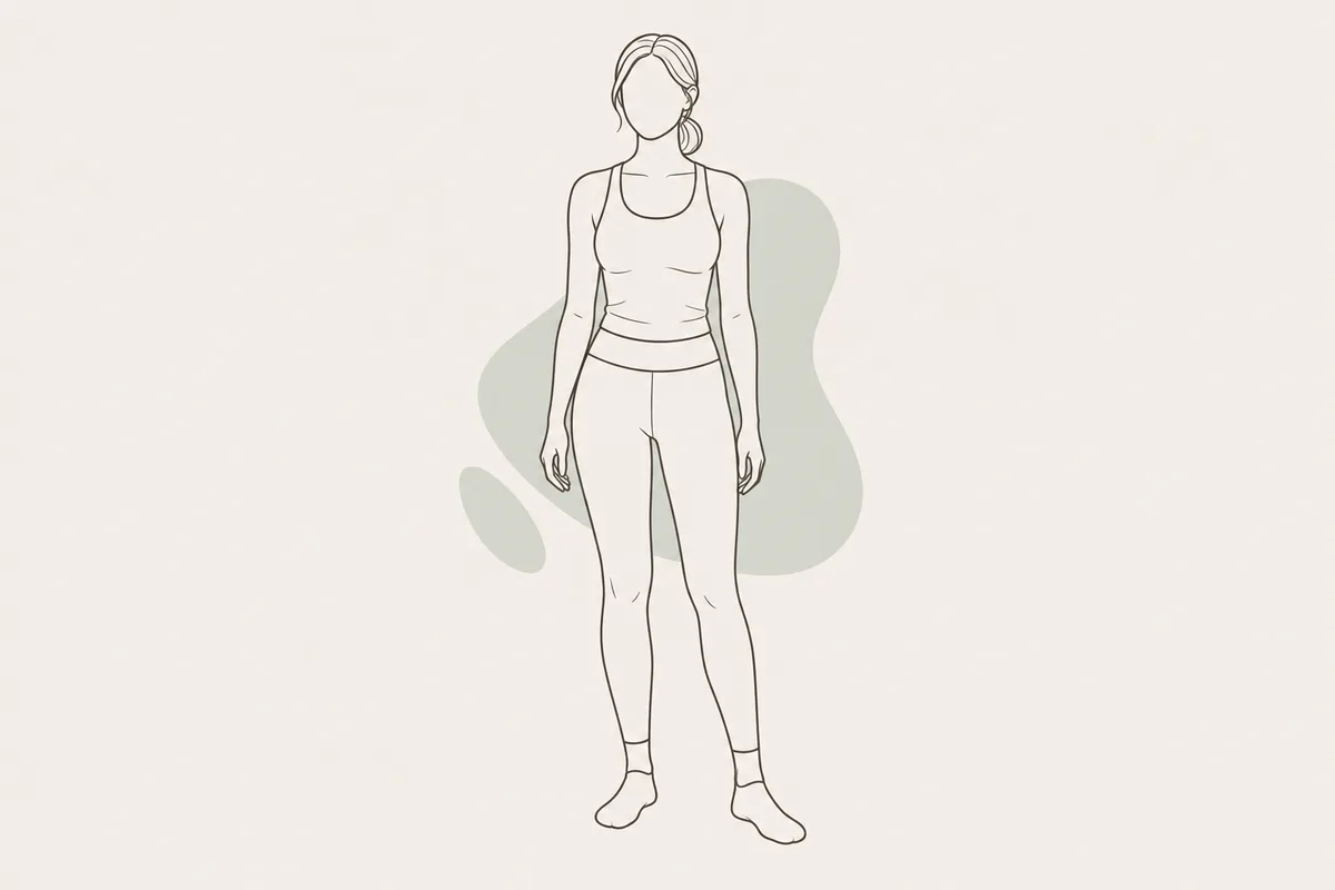 タンクトップとレギンス、くるぶし丈の靴下で、髪を低い位置でまとめて立つ女性の線画