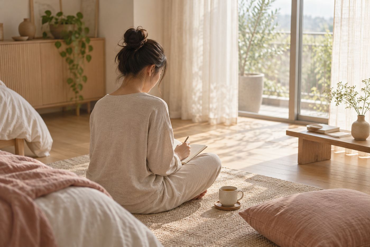 朝の部屋でノートに記録をつける女性の後ろ姿